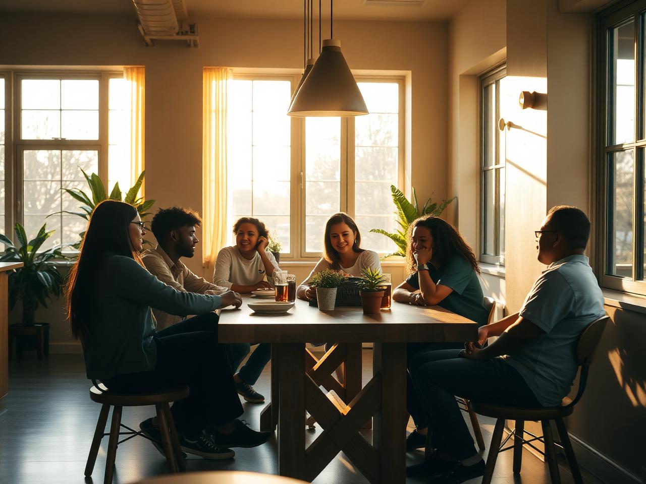 Reslink — students in a sunlit communal kitchen, late-afternoon natural light